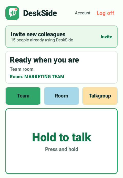 DeskSide Android app showing the Marketing Team room and Hold to talk control